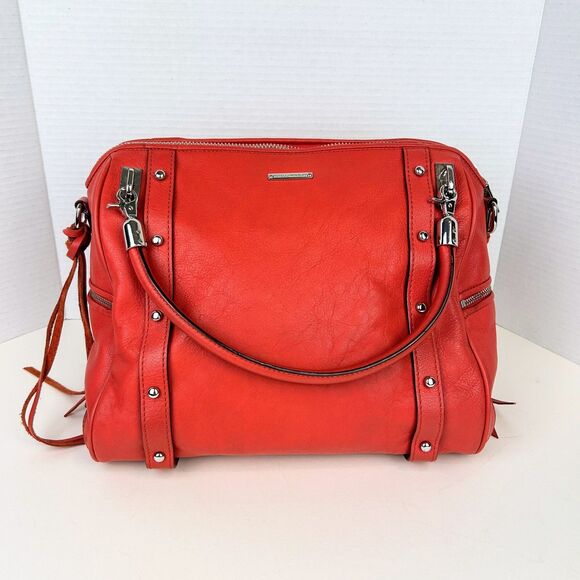 Rebecca Minkoff Cupid Satchel Crossbody Bag Orange Coral Leather Studded Pockets - Picture 4 of 16